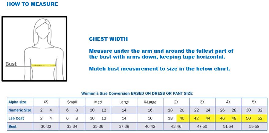 womens's lab coat size chart